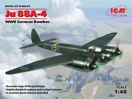 Latest tool from ICM is kit number 48233 in 1/48 scale and ids the A4 version of the Ju88.Glue and paints are required