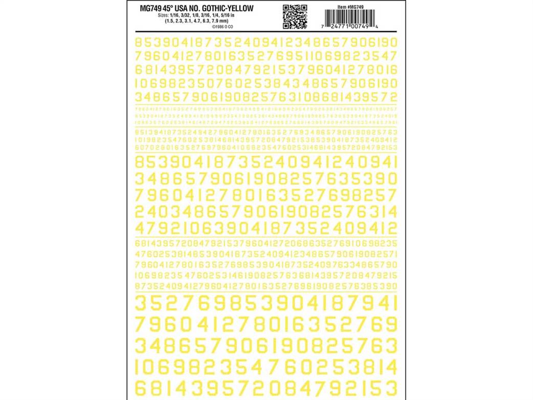 Woodland Scenics  MG749 45° USA Gothic Yellow Dry Transfer Numbers Sheet