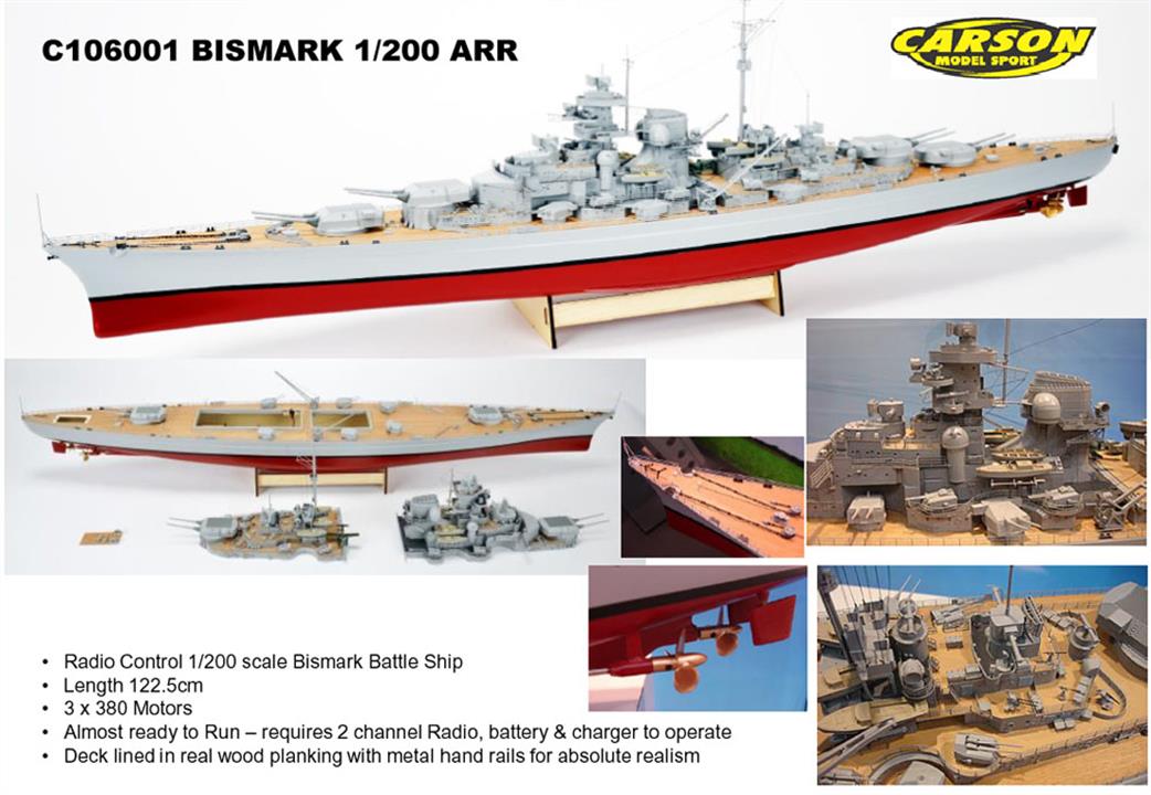 Carson 500106001 Bismarck Premium Battleship RC Almost Ready to Run 1/200