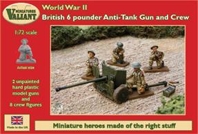The famous British 6-pounder anti-tank gun and crew. The gun can be assembled as a late or mid-war version or the US 57mm variant. Two model guns and eight crew figures in each box