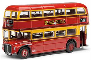 Corgi 1/76 Routemaster Black Prince, 63B Royal Armouries via Arndale University City Square OM46308BThe acquisition of a preserved Douglas Corporation AEC Regent in 1968 provided the impetus to operate buses and led to the founding of ‘Black Prince’ Coaches, named after the famous statue in Leeds City Square. The company’s buses and coaches originally wore a green and cream livery and operated contracts, private hires and a Blackpool Express service. A new livery of red, yellow and maroon, applied differently to each bus, was adopted following deregulation in 1986.