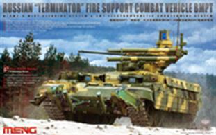 Meng TS-010 1/35 Scale  Russian "Terminator" Fire Support Combat Vehicle BMPT with KMT-8 Mine Clearing System and EMT Electromagnetic Countermine SystemDimensions - Length 246mm Width 105mm.