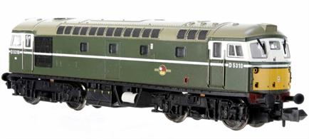 A detailed N gauge model of the BRCW type 2, later BR class 26 locomotive finished as D5310 in green livery with small yellow warning panels. This was the later livery carried while the class was working on North London suburban services and when transferred to Scotland.