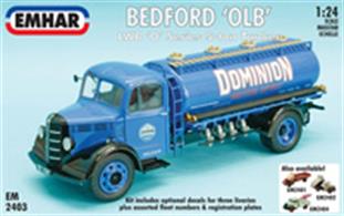 This Emhar 2403 1/24th scale plastic kit builds into a nicely detailed model of a fuel tanker based on the popular Bedford OLB chassis.Glue and paints are required