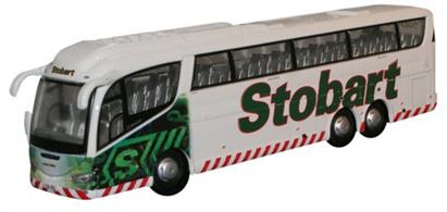 Oxfords 76IRZ004 diecast 1/76th Scale Scania Irizar Coach as used by the Eddie Stobart Group.The Irizar Group is a Spanish-based builder of luxury coach vehicle bodies, originally established in 1889, who work very closely with Scania on joint designs. Also, the Irizar PB is a coach body built on a wide range of chassis, designed by Arup Design Research in the UK. Predominantly white with the signature Stobart red and green colour scheme with side and rear tinted windows, our model is registered C8 ESL and is named Laura Abby on the front above the radiator. High on detail, the white rear is printed with Stobart Executive Coach Travel along with the website address and telephone number. Mirrors, bumpers and the spoiler are all white and a red and white chevron effect runs right round the bottom edges of the body. Inside, the steering wheel and dashboard are black and the seats moulded dark grey.