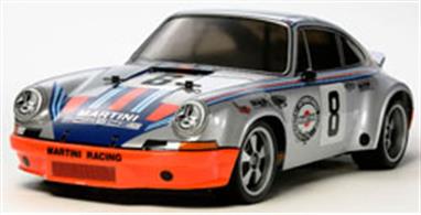 Tamiya 1/10 Porsche Carrera RSR Martini TT-02 RC Car Kit 58571Tamiya has faithfully reproduced this sleek racing machine in 1/10 scale on the TT-02 entry level touring car chassis. The TT-02 chassis platform is the successor to the TT-01 as it incorporates many new features to make it even easier for the new R/C kit builder to assemble and learn from. The TT-02 chassis performs well as cornering and overall speed has been enhanced to take advantage of new electronics available on the market. In addition to the TT-02 being an ideal platform to start from, R/C hobbyists can expand its potential by adding many of the Ho-Up-Options available to increase the cars speed and performance.The Porsche 911 Carrera RSR joins the Tamiya TT-02 chassis touring car entry level line-up. It is a legendary Group 4 car which had a body weighing just 900kg with a 300hp-plus horizontally opposed 6-cylinder engine, and still holds a place in automotive enthusiast's hearts today thanks to its exploits with racing teams the world over. In 1973, the year of its release, it won the European GT Championship, plus the renowned 24 Hours of Daytona and 12 Hours of Sebring races. The works prototype in predominantly silver livery with the Martini stripe also took the checkered flag in the famed Targa Florio race.