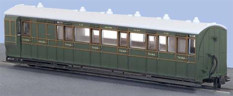 This model of the L&amp;B enclosed brake composite coach with compartments for 1st and 3rd class plus guards office and luggage van faithfully recreates coach 4108 of the Southern Railway in green livery. In winter these coaches could provide all the passenger accomodation required and often goods traffic would be attached to the passenger trains to avoid steaming another engine for a separate goods train.Modelled from official drawings, contempary notes and photographs, although at first glance the coach appears to be quite plain, close inspection reveals a wealth of subtle detail in the painting and printing.The Lynton and Barnstaple Railway ordered 16 passenger carriages from the Bristol Wagon and Carriage Works Co. The vehicles delivered were among the largest and best equiped narrow gauge coaches running in Britain and, of substantial construction, stood up well to service across the North Devon moors. All joined the Southern Railway stock in 1923 and received a coat of Maunsell olive green, which they retained until the closure of the L&amp;B in 1935.Length 167mm over couplings