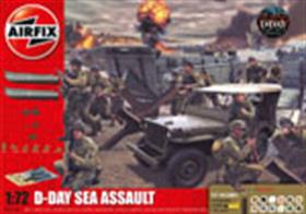 Airfix A50156 1/72nd D-Day Sea Assault World War 2 Gift SetThousands of allied troops landed on the beaches of Normandy, France in June 1944. This set allows for a diorama of the beach landings to be created with the two landing craft, soldier figures, bespoke base and jeep. Airfix Gift Sets are ideal for more advanced modellers and include glue, acrylic paints and brushes.