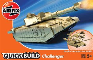 Airfix Quickbuild Challenger Tank Clip together Block Model J6010 You can now build your own British battle tank! This monster vehicle holds up to four crew members including the main commander and gunner. Featuring a distinct tank gun, you can cruise your challenger model amongst your collection. This model includes a Union Jack stickers and has 35 parts.