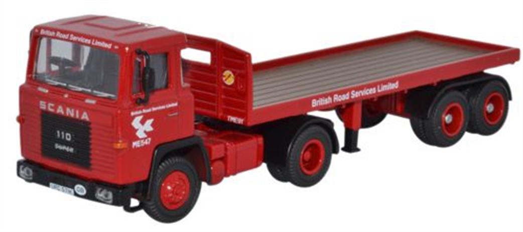 Oxford Diecast 1/76 76SC110002 Scania 110 Flatbed Trailer British Road Services Red