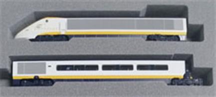 8 Car powered set of the iconic Eurostar in it's classic white, yellow and blue livery. This set includes a head and tail unit (each with their own running numbers) and six coaches to create the 8 car set.
