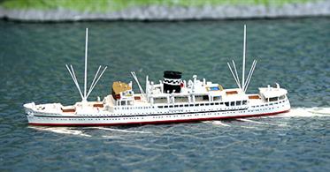 Bulolo was a new ship immediately before WW2 and was requesitioned for the duration. Eventually she became a headquarters ship and servived the war. Modelled here in 1/1250 scale and Burns Phillips &amp; Co colours.Length 100mm, width 10mm height 30mm