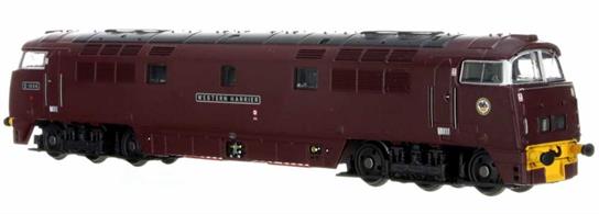 Detailed N gauge model D1008 Western Harrier finished in the initial maroon livery with yellow painted buffer beams.