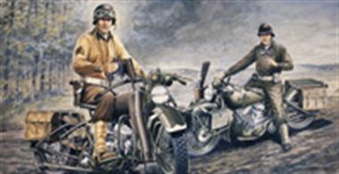 Italeri 322 1/35 Scale US Motorcycles WW2 D DayDimensions - Length - Each Motorcycle 64mm.The kit enables 2 motor cycles and 2 figures to be assembled. Decals and instructions are included.Glue and paints are required for assembly.