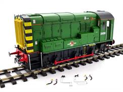 Detailed model of BR Southern region class 09 diesel shunting locomotive D4106 finished as preserved in green livery with wasp stripe ends and late crest.This locomotive carries the high level air brake connections used to shunt EMU stock and a high intensity headlight fitted to enhance visibility of the moving locomotive in well-lit yards.D4106 is modelled as preserved at the Bluebell Railway, having been purchased as 09018 by a consortium of members of the railways' locomotive department and restored to British Railways green livery in 2017, but retaining the later fitted sealed beam headlight.