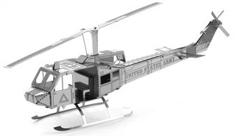 Metal Earth Bell Huey helicopter 3D laser-cut metal assembly kit.Metal Earth is a collection of intricately designed model&nbsp;kits produced from laser-cut metal. Each kit consists of a&nbsp;highly&nbsp;detailed laser etching cut into one or more four-inch square sheets of thin metal. The pieces can&nbsp;be snapped out and assembled with tab-and-slot assembly to&nbsp;create detailed replicas of vehicles and architecture that fit in the palm of your hand.Striking to look at with a polished metal finish most Metal Earth models take less than an hour to complete. Average model size is around 3 inches, some (eg ships) are longer.No glue is required for assembly and it can be done by hand, though we recommend the use of&nbsp;small pliers and tweezers to bend,&nbsp;guide and secure the tabs into place.Caution - contains small parts and edges may be sharp. Not suitable for young children.