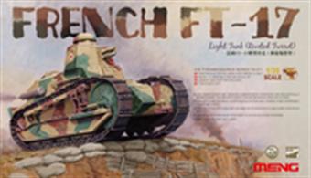 Meng TS-011 1/35 Scale French FT-17 Light Tank with the Rivetted Turret.Dimensions - Length 142mm Width 51mm.Glue and paints are required 