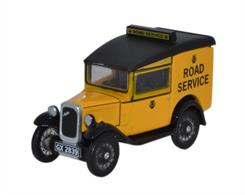 Oxford Diecast 1/76 Austin Severn RN Van AA 76ASV002Austin Severn RN Van AA model 76ASV002 in a 1/76th scale from Oxford DiecastA direct cross-over from Oxford's 1:43 scale series, we see the second release in the 1:76 scale Austin Seven RN Van in the livery of the Automobile Association's Road Service. Archive photography shows its authentic use as a Road Service vehicle, wearing the AA badge of the day and decorated in their signature yellow and black. The interior is black with yellow dashboard and brown door cappings. Note the additional modification of an AA liveried roof box on this popular utility van conversion of the Austin Seven RN car, registered GX 2839.