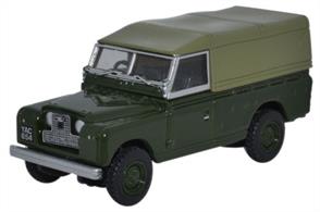 Land Rover Series II Canvas Back Bronze GreenThe long wheelbase Land Rover goes back to its roots with this very recognisable colour scheme of Bronze Green and Reed Green tilt. Registered YAC 654, the latest Oxford replica with its characteristic silver and black masked radiator grille, also features silver window frames and door handles, a Bronze Green interior, black seats and steering wheel and black windscreen wipers.