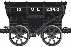 Pack of three Londonderry Collieries 'Black Waggon' chaldron wagons, circa 1960. Wagons numbered Vane-Londonderry 12, Londonderry 1825 and 256.Londonderry Collieiries, under the chairmanship of the Rt.Hon. Marquess of Londonderry owned the Seaham, Dawdon and Vane Tempest collieries and established the shipping docks of Seaham Harbour. These chaldron wagons were used until the end of coal shipping to collect spillages from screens and staithes.Chaldron wagons were among the first types of railway wagons used in Britain, a very basic wagon designed for conveying coal and mostly owned by the colliery owners. Although replaced in regular railway service around the end of the 19th century chaldron wagons were still used around collieries and coal loading docks into the 1950s.