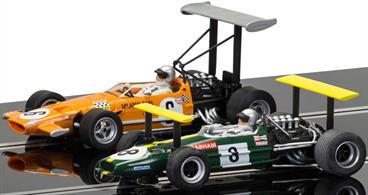 Scalextric 1/32 Winged Legends - Brabham BT26 &amp; Mclaren M7C C3589AThe Winged Legends of the 1969 Grand Prix Championship. Sir Jack Brabham's race team built the Brabham BT26A/2 and was one of the first to experiment with aircraft-inspired wings to create increased downforce. The Scalextric version models the No.8 car raced by Jack Brabham in the International Trophy race at Silverstone, March 30th, 1969. Non-Championship races were often used to test developments on Grand Prix cars and in these early months of 1969 the negatives were yet to outweigh the positive aspects of high mounted aero-wings as the Lotus 49B cars would discover at the Spanish Grand Prix. Bruce McLaren, fellow Antipodean and friend of Brabham, was also running a high wing on his McLaren M7C No.6 car at the Spanish Grand Prix of 1969. During the race boh Lotus 49B cars driven by Graham Hill and Jochen Rindt crashed heavily after the high wings failed. The potential for these wings to fail with a high risk of injury to drivers and spectators was of grave concern and after just a few brief months of an exciting innovative development, such wings were banned by the FIA authorities. Bruce McLaren fininshed in 2nd place behind Stewart and ahead of Beltoise, Hulme and Surtees - the only drivers to finish the race! 