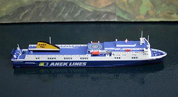 A 1/1250 scale model of Norman Atlantic by Rhenania Junior RJ260.Built in 2009,this Ro-Ro ferry has moved around Europe on several charters in different liveries but became infamous in 2014 when a fire broke out on board in the Mediterranean in December 2014.Modelled in ANEK livery, as at the time of the fire, this is an exceptionally fine and well detailed model of a modern ferry.