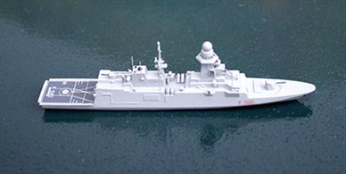 A 1/1250 scale metal waterline model of Carlo Bergamini, F590, an Italian frigate of 2013. Carlo Bergamini is a new frigate that has&nbsp;recently entered service and this model was entirely new for 2015 from fine model maker Rhenania for "1250 Ships" in USA. This model is ready assembled and fully painted and detailed. See also the sistership, Virginio Fasan.