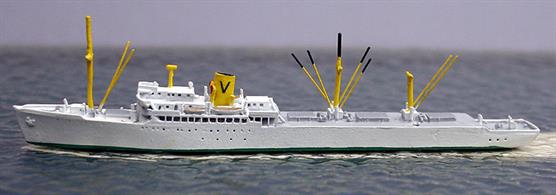 A 1/1250 scale metal model of Castel Nevoso, a refrigerated cargo ship of the 1950s &amp; 60s. The ship entered service in 1937 as a Lufthansa catapult ship, Friesland, designed to act as a tender for seaplanes making long ocean crossings. Having survived the war, in 1950 she was bought by Vlasov (V-ships) and altered to a refrigerated cargo ship. Re-named Fairsky (1950-52) then Castel Nevoso and finally Argentina Reefer (1968), she was scrapped at Faslane in 1969. 