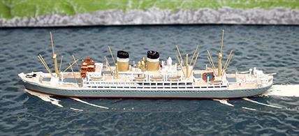 Re-released 1/1250 model of City of Benares, this time with painted decks.During WW2 this elegant liner was sunk during the Battle of the Atlantic whilst evacuating children from Britain to Canada.
