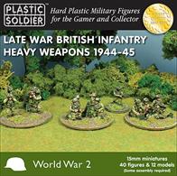 Plastic Soldier 15mm Late War British Infantry Heavy Weapons 1944-45 Figure Set ww2015010This pack contains:-4 3 inch mortars and crews4 4 inch mortars and crews4 Vickers machine guns and crews4 man pack flamethrowers40 figures and 12 modelsGlue and paints are required to assemble and complete the model (not included) 