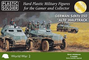 15mm WW2 German SdKfz 250 "alte" Halftrack Variants Kit. This kit contains 5 x 250 Halftrack and 40 crew figures. Each sprue has options to build either: 250/7 Mortar Carrier, 250/1 Troop carrier, 250/9 Recce with turret, 250/10 Command with Pak 36 and 250/11 Panzerbuchse 41
