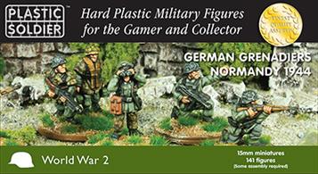 &nbsp;Company sized 15mm German Grenadiers in Normandy 1944 box set. Contains: 141 figures, including 3 x panzerschreck teams and panzerfausts. All you need to build a 3 platoon company (including company HQ).The Palstic Soldier Company have carefully re-designed this set to create a whole new set of one piece sculpts (except the MG42 firing and forward observer!)