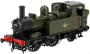 A detailed model of these useful GWR small tank engines, equally at home with stopping services on mainlines and handling all services on many branchlines. The Dapol model features a diecast running plate for added weight, compensated chassis for smooth running and Dapols 'quick fit' DCC board.Model of BR 1421 finished in British Railways lined green livery with later lion holding wheel crests.