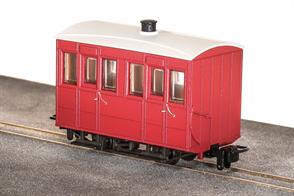 Small 4-wheel coaches were the usual choice for narrow gauge railways, being well suited to the small gauge and sharp curvature of many of these lines. The Glyn Valley Tramway purchased a number of generally similar 4 wheel coaches, with a better standard of fittings in the first class compartments.This ready to run model is of one of the fully enclosed coaches used year-round on the GVT line finished in plain red livery without lettering, ideal for free-lance narrow gauge model railways.Peco are usually able to supply us with their models quickly, please allow 14 days for delivery.
