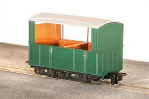 Small 4-wheel coaches were the usual choice for narrow gauge railways, being well suited to the small gauge and sharp curvature of many of these lines. The Glyn Valley Tramway purchased a number of generally similar 4 wheel coaches, with a better standard of fittings in the first class compartments.This ready to run model is of one of the GVT open sided observation coaches used during the summer season, the open sides giving tourists a better view of the panoramic scenery. Finished in plain green livery without lettering, ideal for free-lance narrow gauge model railways.Peco are usually able to supply us with their models quickly, please allow 14 days for delivery.