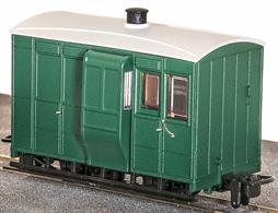 Many narrow gauge railways ran 'mixed' trains with goods wagons coupled behind the passenger coaches. The last vehicle was a brake van for the guard to ride in and ensure the entire train remained coupled. This free-lance guards and luggage van is based on the design of the Glyn Valley Tramway coaches and finished in plain green livery without lettering.