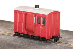 Many narrow gauge railways ran 'mixed' trains with goods wagons coupled behind the passenger coaches. The last vehicle was a brake van for the guard to ride in and ensure the entire train remained coupled. This free-lance guards and luggage van is based on the design of the Glyn Valley Tramway coaches and finished in plain red livery without lettering.