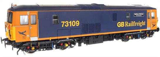 A highly detailed model of the British Railways Southern region class 73 electro-diesel locomotives. These are primarily third-rail electric locomotives but carry an auxiliary diesel engine for use away from electrified lines. Dapols model features a diecast chassis and all-wheel drive from a centrally mounted motor and flywheels allied to a highly detailed bodyshell with many separately fitted locomotive specific details to create both JA (73/0) and JB (73/1) variants.This model is finished as GB Railfrieght class 73/1 locomotive 73109 named Battle of Britain in GBRf blue &amp; orange livery.