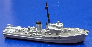 This is a waterline model of the Royal Navy's Ton Class Minesweeper. The kit contains high density resin and white metal parts and the pennant number for HMS Essington. Nine other pennant numbers are available in a seperate decal set (MTM036A). An assembly guide is also included