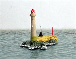 A 1/1250 scale model of the lighthouse on the isloated Wolf Rock to the southwest of Cape Cornwall. Wolf Rock lighthouse&nbsp;is modelled here for its appearance&nbsp;during the 20th century&nbsp;when it was manned and relief of lighthouse keepers was by boat.