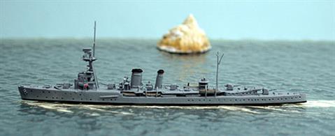 This is a 1/1250 scale model of HMS Calypso an AA cruiser, one of the oldest WW1 cruisers that made it through into WW2, Calypso was launched at Hawthorn Leslie on 12th April 1917 and was lost to the Italian submarine S/M Bagnolini on 12th June 1940 south of Crete.
