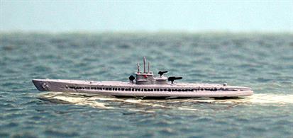 A 1/1250 scale metal model of U459, a German Type XIV U-boat designed to re-supply the Type VII U-boats at sea&nbsp;and keep them on patrol for longer. These submarines were known by the German submariners as "Milch Cows"&nbsp;