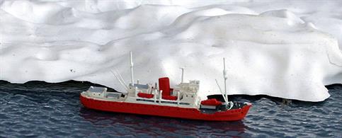 A 1/1250 scale model of the Royal Reseach Ship John Biscoe built in the 1950s for Antarctic reseach. This ship was responsible for delivering supplies and scientists to British bases in the southern oceans for most of the second half of the 20th century.