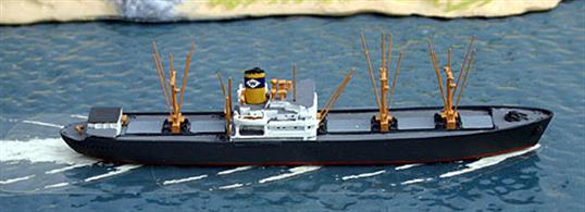 A 1/1250 scale metal model of the US freighter De Soto. The De Soto was built as a C2-S-E1 fast (16kt) freighter by Gulf Shipbuilding Corporation, Chickasaw Alabama in 1944. After the end of WW2, she was bought by Waterman Co, one of 40 similar company vessels that only differed in detail. De Soto operated from the Gulf to ports in Northern Europe, including the UK.
