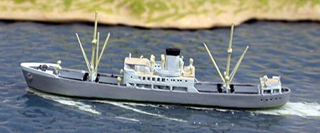 A 1/1250 scale metal model of the Portugese freighter Lagoa in 1972 when trading between the Azores and UK and Germany. Built as Villaviciosa in Bilboa in 1949 for a Spanish company, other name, Somar.