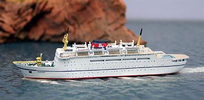 A 1/1250 scale metal model of the Danish ferry, Dana Sirena when charted by Olau and re-named Olau Dana in 1976. The model is hand-made, finished and painted in Germany.