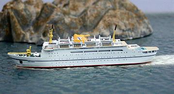 Dana Sirena , the former DFDS ferry, on charter again, this time to the Norwegian BDS &amp; Fred Olsen lines in early 1978. This metal 1/1250 scale model is hand-made, finished &amp; painted&nbsp;in Germany for ship collectors by the fine modelmaker, Risawoleska.