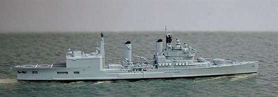 A 1/1250 scale metal model of HMS Tiger in 1977 as a helicopter cruiser. Tiger was the second and last of the Tiger class cruisers to be converted (1968-72 at Devonport) from the original all gun ships. The large hangar replaced all the rear turrets and taller funnels were fitted (Blake, converted first,&nbsp;received the taller funnels later). Lion was never converted and was broken up in 1975. Tiger went in 1979 and Blake in 1981.