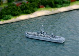 The US Navy LSM (R) was a rocket firing LSM landing ship designed to bombard defenders as the landing craft approaced the beach. This modification of an LSM has not been available with this level of detail before now. This model carries its pennant number, bow and stern.