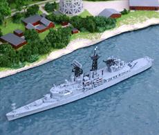A 1/1250 scale metal waterline model of USS Little Rock. Little Rock, CLG 4, was a converted Cleveland-class light cruiser (ex-CL 92) carrying two missile launches and 46 Talos surface to air missiles. She recommissioned in this form in 1960 and is modelled in 1973 condition. After decommissioning in 1976, she was preserved as a memorial ship.